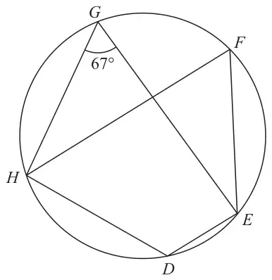 Circle through D, E, F, G and H with chords GE, HF, GH, HD, DE and EF; angle EGH = 67°