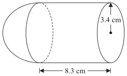 Solid made from a cylinder of radius 3.4 cm and length 8.3 cm with a hemisphere on one end