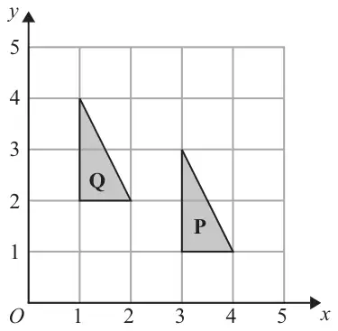 Grid with x and y from 0 to 5 showing triangle Q with vertices (1, 2), (1, 4), (2, 2) and triangle P with vertices (3, 1), (3, 3), (4, 1)