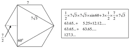 Mark scheme alternative method: an equilateral triangle of side 7 root 3 plus three isosceles triangles, giving 127.3