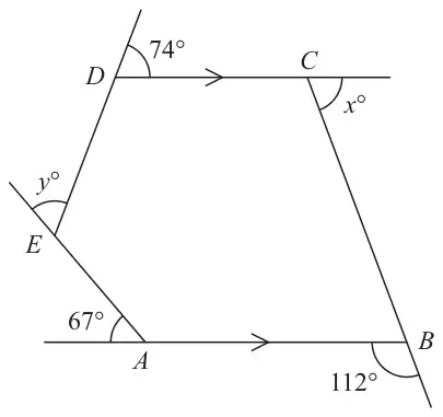 Pentagon ABCDE with DC parallel to AB; exterior angles 67° at A, 112° at B, x° at C, 74° at D and y° at E