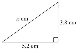 Right-angled triangle with shorter sides 5.2 cm and 3.8 cm and hypotenuse x cm