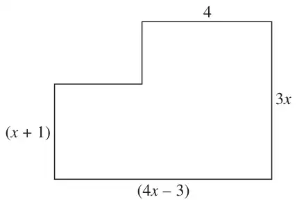 Hexagon with all corners right angles; sides labelled 4, 3x, (4x - 3) and (x + 1)
