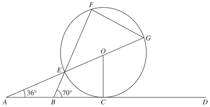 Circle centre O touching the line ABCD at C; AEOG and BEF are straight lines with E, F and G on the circle; angle BAE = 36 degrees and angle EBC = 70 degrees