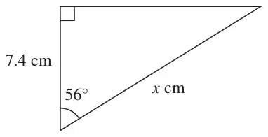 Right-angled triangle with a side of 7.4 cm, hypotenuse x cm and angle 56 degrees between them