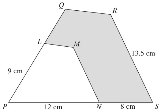 Quadrilateral PQRS containing the similar quadrilateral PLMN; the region between them is shaded
