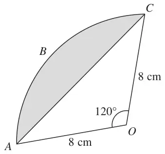 Circle sector with centre O, radius 8 cm and angle AOC = 120 degrees; the segment between chord AC and arc ABC is shaded