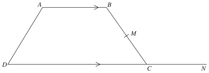 Trapezium ABCD with AB parallel to DC, M the midpoint of BC, and DC extended to N