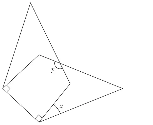 Two of the kites placed with a shorter side of one on a shorter side of the other, with angles x and y marked