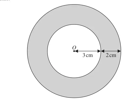 Two circles with the same centre O; inner radius 3 cm, shaded ring 2 cm wide