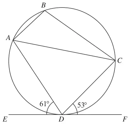 Cyclic quadrilateral ABCD with diagonal AC; EDF is the tangent at D, with angle ADE = 61 degrees and angle CDF = 53 degrees