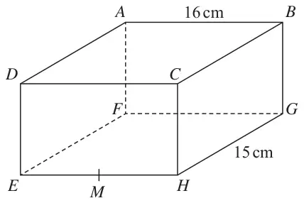 Cuboid ABCDEFGH with top face ABCD and base EFGH; AB = 16 cm, HG = 15 cm, M the midpoint of EH