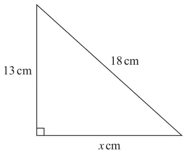 Right-angled triangle with vertical side 13 cm, hypotenuse 18 cm and horizontal side x cm
