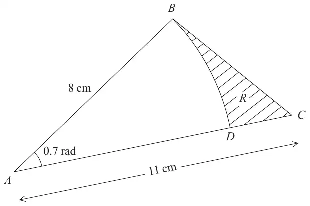 Figure 1: triangle ABC with AB = 8 cm, AC = 11 cm, angle BAC = 0.7 rad; arc BD of a circle centre A, region R shaded between arc BD, BC and CD