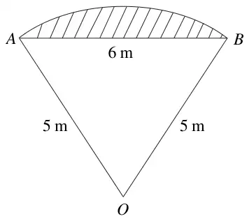 Figure 2: sector OAB with OA = OB = 5 m and chord AB = 6 m; the segment between chord AB and the arc is shaded