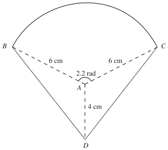 Figure 3: logo BCD made of sector BAC (radius 6 cm, angle 2.2 rad) and the straight lines DB and DC, with AD = 4 cm