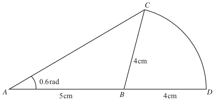 Figure 1: emblem made of triangle ABC (AB = 5 cm, angle BAC = 0.6 rad, BC = 4 cm) joined to sector CBD with BD = 4 cm