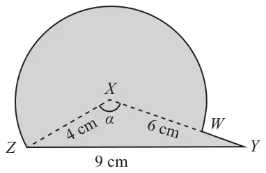 Figure 1: triangle XYZ with ZY = 9 cm, XZ = 4 cm, XY = 6 cm and angle alpha at X; a shaded major arc ZW of a circle centre X, with W on XY