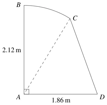 Figure 2: cross section ABCD of a shed: AB vertical 2.12 m, AD horizontal 1.86 m, arc BC centre A, straight line CD, dashed line AC