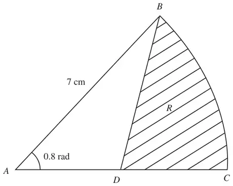 Figure 1: sector ABC with centre A, AB = 7 cm and angle BAC = 0.8 rad; D on AC, and the region R bounded by DB, DC and the arc BC hatched