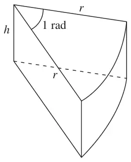 Figure 2: a closed box shaped as a right prism of height h whose cross section is a sector of radius r and angle 1 radian