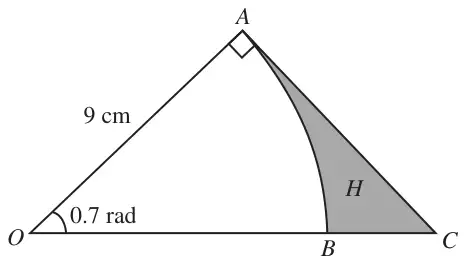Figure 1: sector OAB with radius 9 cm and angle 0.7 rad, line AC perpendicular to OA meeting OB extended at C, region H shaded between arc AB, AC and CB