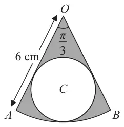 Figure 1: sector OAB with radius 6 cm and angle pi/3 at O, containing an inscribed circle C touching OA, OB and the arc AB; the region outside C shaded
