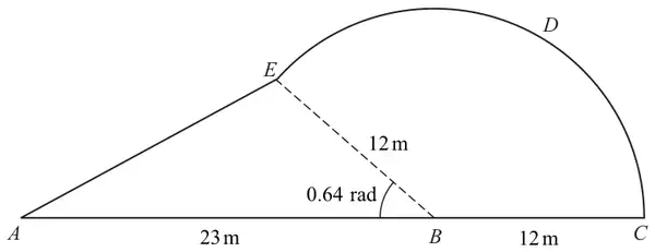 Figure 2: garden plan, triangle ABE with AB = 23 m and angle ABE = 0.64 rad, joined to a sector BCDE of radius 12 m with centre B, A, B and C on a straight line
