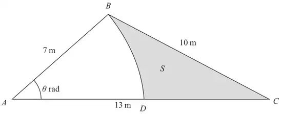 Figure 2: triangle ABC with AB = 7 m, AC = 13 m, BC = 10 m and angle theta rad at A; arc BD of a circle centre A with D on AC, and the shaded region S between the arc BD and the lines BC and DC