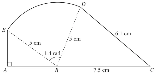 Figure 2: shape ABCDEA made of right-angled triangle EAB, sector BDE of radius 5 cm with angle 1.4 rad, and triangle DBC with BC = 7.5 cm and CD = 6.1 cm