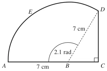 Figure 2: sector ABDEA of radius 7 cm, centre B, angle 2.1 rad, joined to right-angled triangle BCD with the right angle at C