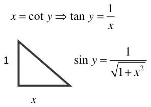 Right-angled triangle with sides 1 and x: x = cot y gives tan y = 1/x and sin y = 1/√(1 + x²)