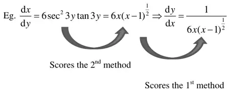 Eg. dx/dy = 6 sec^2 3y tan 3y = 6x(x-1)^(1/2) => dy/dx = 1/(6x(x-1)^(1/2)), with arrows: the first step scores the 2nd method, the second step scores the 1st method