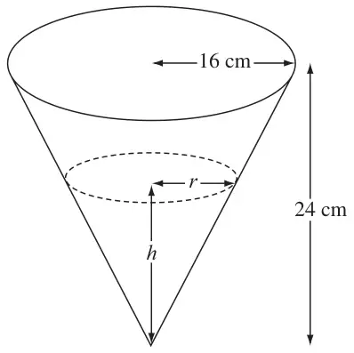 Figure 2: inverted cone of height 24 cm and radius 16 cm, with water to height h and surface radius r