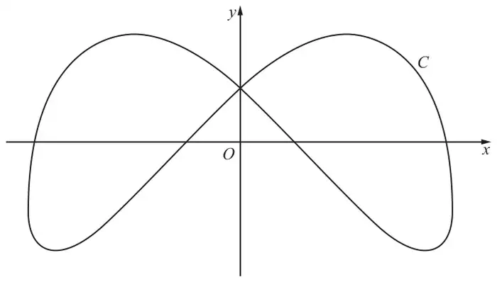 Figure 2: sketch of the closed curve C, symmetric about the y-axis, crossing itself on the positive y-axis