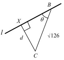Diagram: line l through X and B; C joined to X (right angle at X, length d) and to B (length √126), angle θ at B