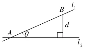 Diagram: lines l1 and l2 meeting at A at angle theta, with B on l1 and the perpendicular distance d from B to l2