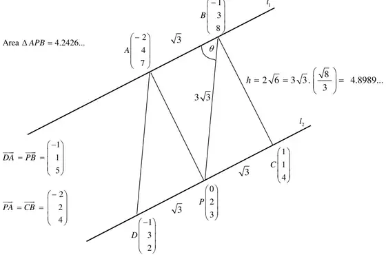 Helpful diagram: parallel lines l1 through A and B and l2 through D, P and C, with AB = PC = DP = root 3, PB = 3 root 3, angle theta at B, and h = 2 root 6