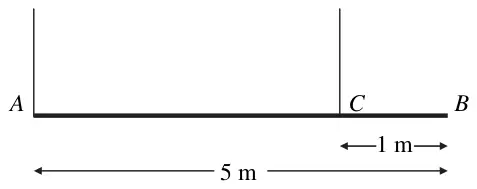 Figure 2: horizontal beam AB of length 5 m held by vertical ropes at A and at C, where BC = 1 m