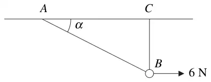 Figure 1: string from A to B and from B up to C, with A and C level, angle BAC = alpha and a horizontal force of 6 N at B
