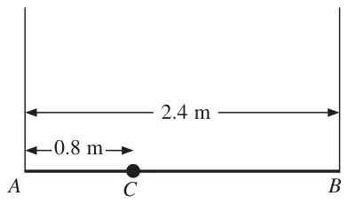 Figure 2: horizontal plank AB of length 2.4 m held by vertical ropes at A and B, with a load at C where AC = 0.8 m