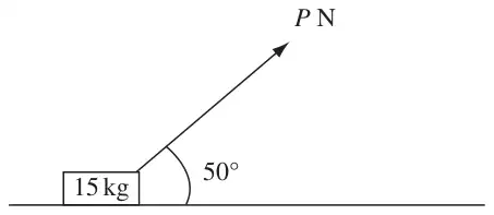 Figure 1: box of mass 15 kg on a horizontal plane, pulled by a force of P N at 50 degrees to the horizontal