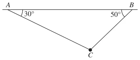 Figure 1: particle C hanging from strings AC and BC inclined at 30 and 50 degrees to a horizontal ceiling