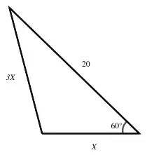 Triangle of forces with sides 20, X and 3X, and an angle of 60 degrees between the sides 20 and X