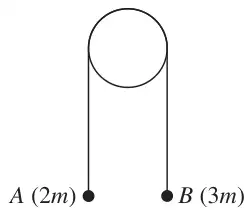 Figure 2: particles A (2m) and B (3m) hanging from a string over a fixed pulley