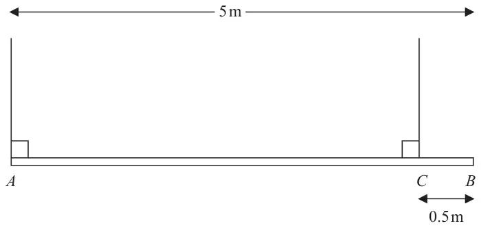 Figure 3: horizontal beam AB of length 5 m held by vertical ropes at A and at C, with CB = 0.5 m