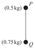 Figure 2: vertical rod PQ with a 0.5 kg particle at P on top and a 0.75 kg particle at Q below