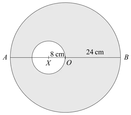 Figure 1: circular lamina with centre O and radius 24 cm, diameter AOB, with a circular hole of centre X and radius 8 cm on AO