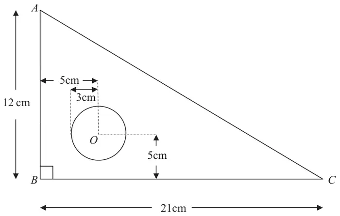 Figure 1: right-angled triangle ABC with AB 12 cm, BC 21 cm, circle centre O radius 3 cm, O 5 cm from AB and from BC