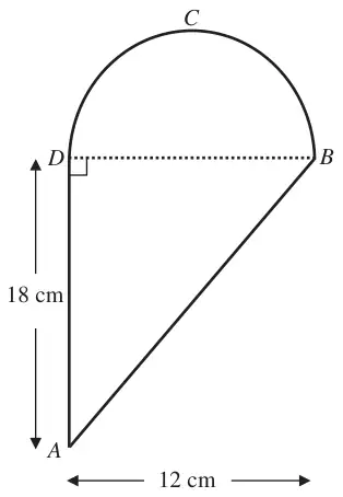 Figure 2: lamina ABCD, right-angled triangle ABD with AD 18 cm and DB 12 cm, semicircle on diameter BD